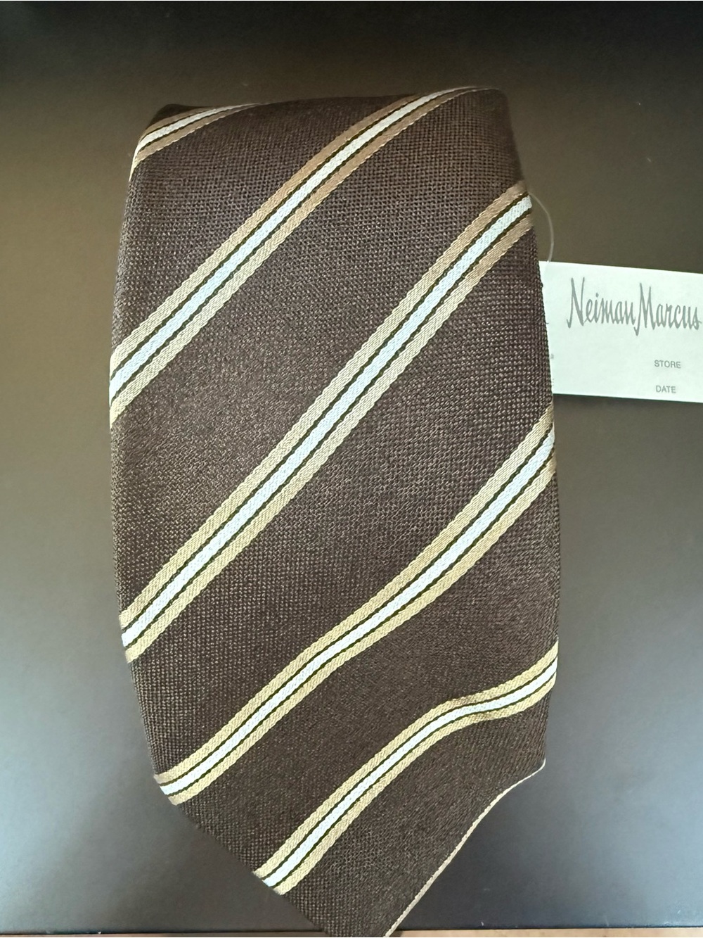 Neiman Marcus Brown Tie with Cream and Light Blue Diagonal Stripes